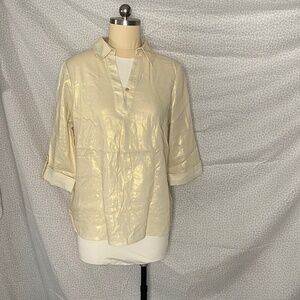 Medium Anne Klein Golden Kurta Tunic Linen Blend Half Sleeve V Cut Button Collar